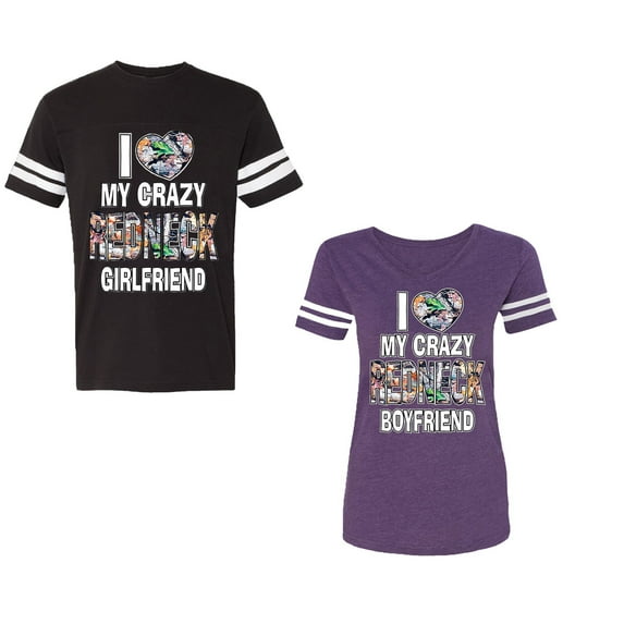 I Love My Crazy GF BF Unisex Couple Matching Cotton Jersey style T-Shirt Contrasting stripes on sleeves (Men Black / Women Purple) (Men S / Women L)