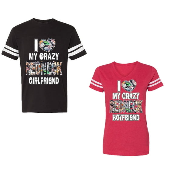 I Love My Crazy GF BF Unisex Couple Matching Cotton Jersey style T-Shirt Contrasting stripes on sleeves (Men Black / Women Red) (Men L / Women XL)