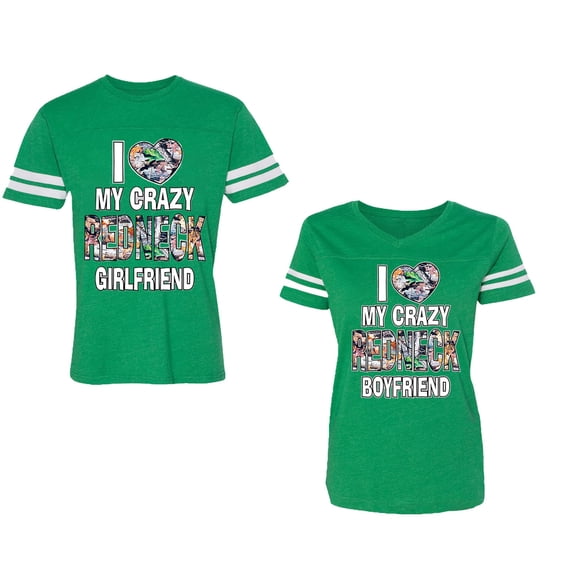 I Love My Crazy GF BF Unisex Couple Matching Cotton Jersey style T-Shirt Contrasting stripes on sleeves (Men Green / Women Green) (Men XL / Women XL)