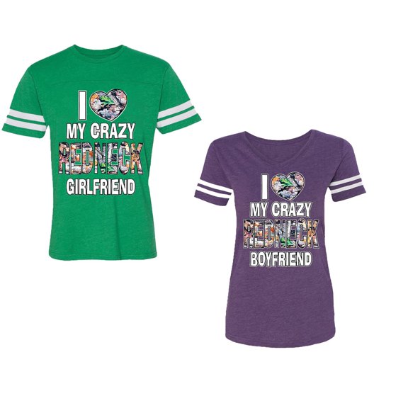 I Love My Crazy GF BF Unisex Couple Matching Cotton Jersey style T-Shirt Contrasting stripes on sleeves (Men Green / Women Purple) (Men M / Women S)