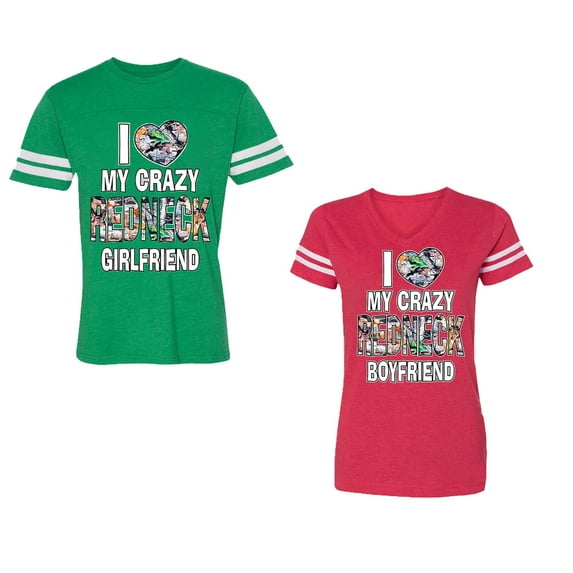 I Love My Crazy GF BF Unisex Couple Matching Cotton Jersey style T-Shirt Contrasting stripes on sleeves (Men Green / Women Red) (Men L / Women L)