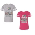 thumbnail image 1 of I Love My Crazy GF BF Unisex Couple Matching Cotton Jersey style T-Shirt Contrasting stripes on sleeves (Men Heather / Women Pink) (Men M / Women M), 1 of 3