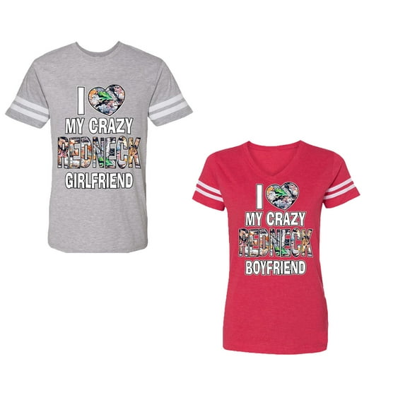 I Love My Crazy GF BF Unisex Couple Matching Cotton Jersey style T-Shirt Contrasting stripes on sleeves (Men Heather / Women Red) (Men S / Women S)