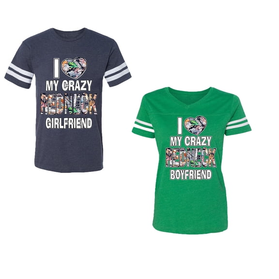 I Love My Crazy GF BF Unisex Couple Matching Cotton Jersey style T-Shirt Contrasting stripes on sleeves (Men Navy / Women Green) (Men XXL / Women S)