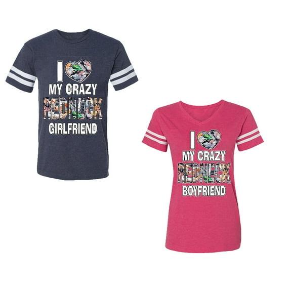 I Love My Crazy GF BF Unisex Couple Matching Cotton Jersey style T-Shirt Contrasting stripes on sleeves (Men Navy / Women Pink) (Men XL / Women M)