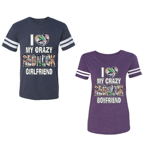 I Love My Crazy GF BF Unisex Couple Matching Cotton Jersey style T-Shirt Contrasting stripes on sleeves (Men Navy / Women Purple) (Men L / Women M)
