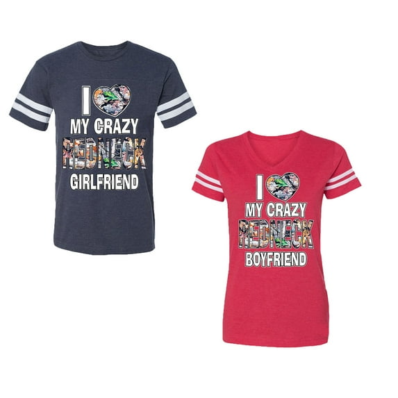 I Love My Crazy GF BF Unisex Couple Matching Cotton Jersey style T-Shirt Contrasting stripes on sleeves (Men Navy / Women Red) (Men L / Women S)