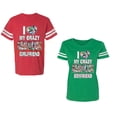 thumbnail image 1 of I Love My Crazy GF BF Unisex Couple Matching Cotton Jersey style T-Shirt Contrasting stripes on sleeves (Men Red / Women Green) (Men XL / Women M), 1 of 3