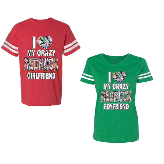 I Love My Crazy GF BF Unisex Couple Matching Cotton Jersey style T-Shirt Contrasting stripes on sleeves (Men Red / Women Green) (Men XXL / Women XXL)