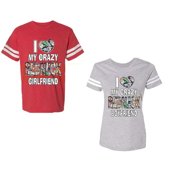 I Love My Crazy GF BF Unisex Couple Matching Cotton Jersey style T-Shirt Contrasting stripes on sleeves (Men Red / Women Heather) (Men XXL / Women L)