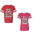 thumbnail image 1 of I Love My Crazy GF BF Unisex Couple Matching Cotton Jersey style T-Shirt Contrasting stripes on sleeves (Men Red / Women Pink) (Men M / Women S), 1 of 3