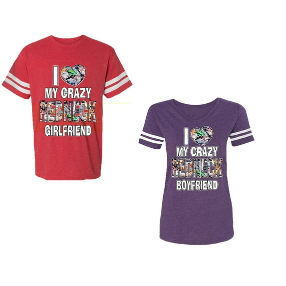 I Love My Crazy GF BF Unisex Couple Matching Cotton Jersey style T-Shirt Contrasting stripes on sleeves (Men Red / Women Purple) (Men S / Women L)