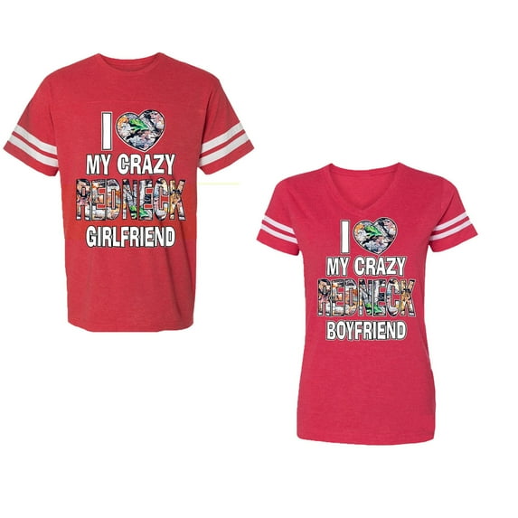 I Love My Crazy GF BF Unisex Couple Matching Cotton Jersey style T-Shirt Contrasting stripes on sleeves (Men Red / Women Red) (Men XL / Women XL)