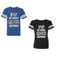 thumbnail image 1 of I Love My Crazy GF BF Unisex Couple Matching Cotton Jersey style T-Shirt Contrasting stripes on sleeves (Men Royal / Women Black) (Men XL / Women XL), 1 of 3