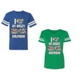 thumbnail image 1 of I Love My Crazy GF BF Unisex Couple Matching Cotton Jersey style T-Shirt Contrasting stripes on sleeves (Men Royal / Women Green) (Men L / Women S), 1 of 3