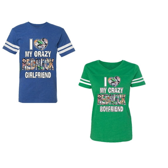 I Love My Crazy GF BF Unisex Couple Matching Cotton Jersey style T-Shirt Contrasting stripes on sleeves (Men Royal / Women Green) (Men M / Women XXL)