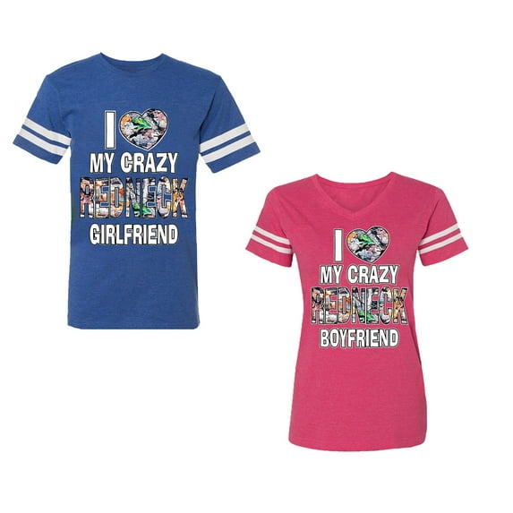 I Love My Crazy GF BF Unisex Couple Matching Cotton Jersey style T-Shirt Contrasting stripes on sleeves (Men Royal / Women Pink) (Men M / Women XL)