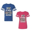 thumbnail image 1 of I Love My Crazy GF BF Unisex Couple Matching Cotton Jersey style T-Shirt Contrasting stripes on sleeves (Men Royal / Women Pink) (Men XL / Women M), 1 of 3