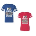 thumbnail image 1 of I Love My Crazy GF BF Unisex Couple Matching Cotton Jersey style T-Shirt Contrasting stripes on sleeves (Men Royal / Women Red) (Men L / Women XL), 1 of 3