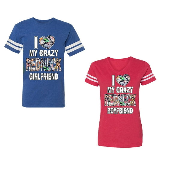 I Love My Crazy GF BF Unisex Couple Matching Cotton Jersey style T-Shirt Contrasting stripes on sleeves (Men Royal / Women Red) (Men L / Women XL)