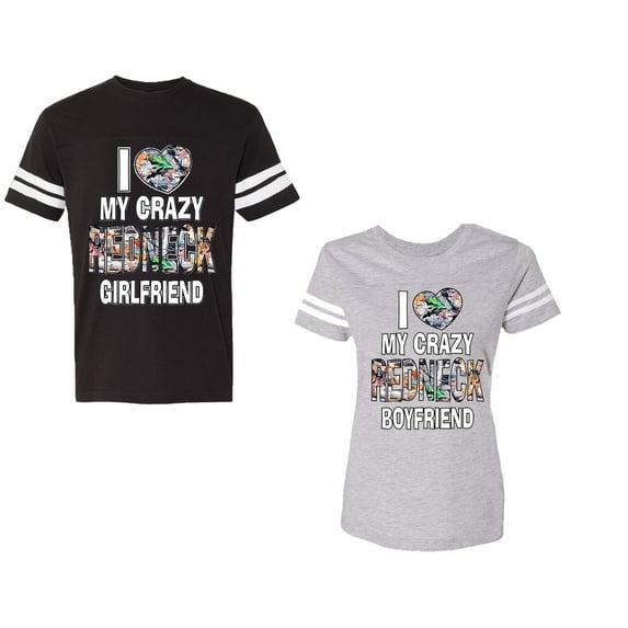 I Love My Crazy GF BF Unisex Couple Matching Cotton Jersey style T-Shirt Contrasting stripes on sleeves (Men Black / Women Heather) (Men XL / Women L)