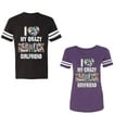 thumbnail image 1 of I Love My Crazy GF BF Unisex Couple Matching Cotton Jersey style T-Shirt Contrasting stripes on sleeves (Men Black / Women Purple) (Men XXL / Women XL), 1 of 3