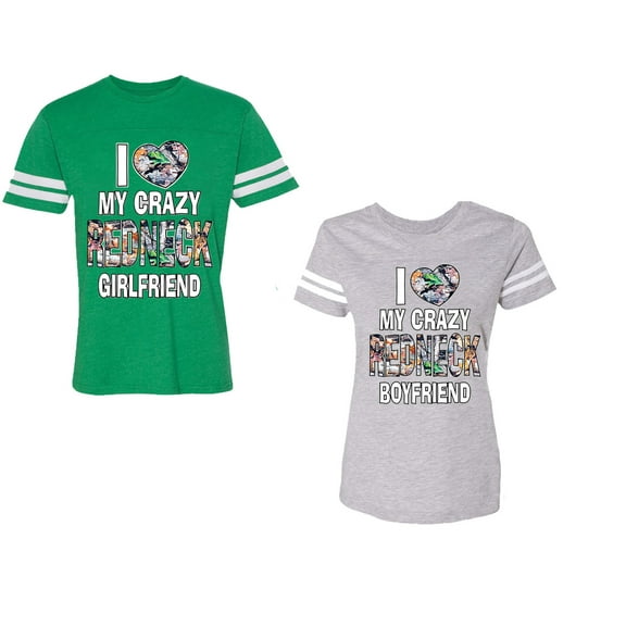 I Love My Crazy GF BF Unisex Couple Matching Cotton Jersey style T-Shirt Contrasting stripes on sleeves (Men Green / Women Heather) (Men XL / Women L)
