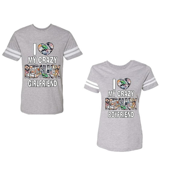 I Love My Crazy GF BF Unisex Couple Matching Cotton Jersey style T-Shirt Contrasting stripes on sleeves (Men Heather / Women Heather) (Men M / Women S)