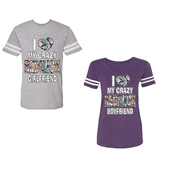 I Love My Crazy GF BF Unisex Couple Matching Cotton Jersey style T-Shirt Contrasting stripes on sleeves (Men Heather / Women Purple) (Men XL / Women L)