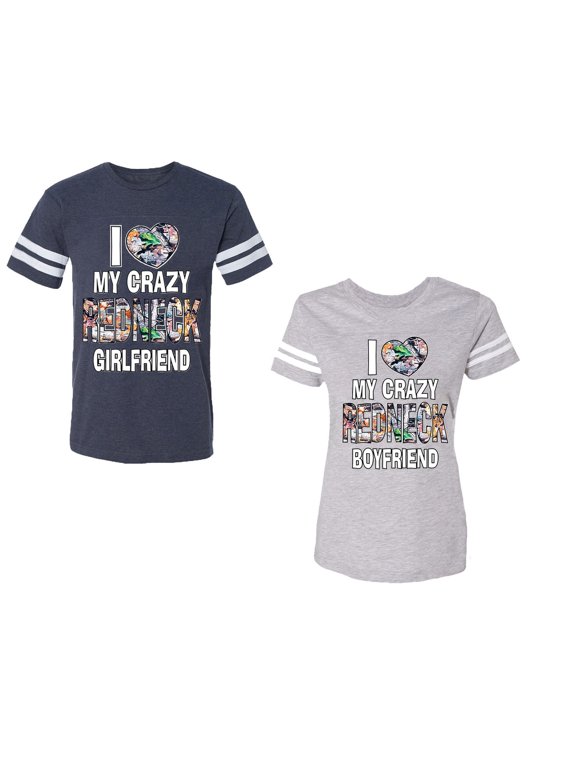 I Love My Crazy GF BF Unisex Couple Matching Cotton Jersey style T-Shirt Contrasting stripes on sleeves (Men Navy / Women Heather) (Men XXL / Women S)