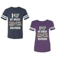 thumbnail image 1 of I Love My Crazy GF BF Unisex Couple Matching Cotton Jersey style T-Shirt Contrasting stripes on sleeves (Men Navy / Women Purple) (Men XXL / Women XL), 1 of 3