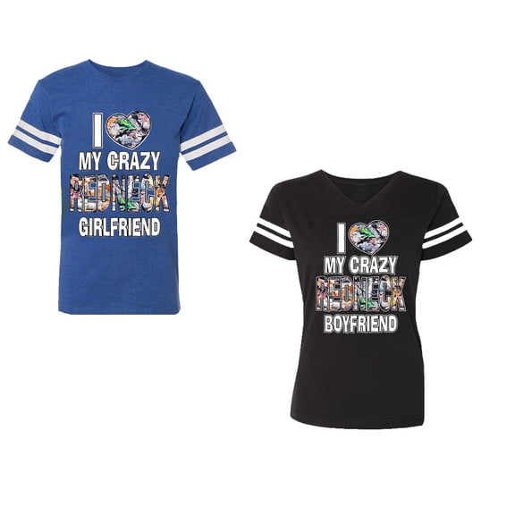I Love My Crazy GF BF Unisex Couple Matching Cotton Jersey style T-Shirt Contrasting stripes on sleeves (Men Royal / Women Black) (Men XXL / Women XXL)