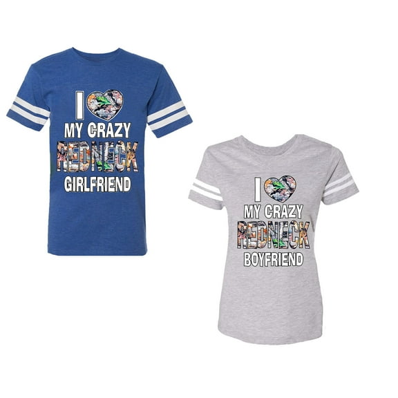 I Love My Crazy GF BF Unisex Couple Matching Cotton Jersey style T-Shirt Contrasting stripes on sleeves (Men Royal / Women Heather) (Men XXL / Women XL)