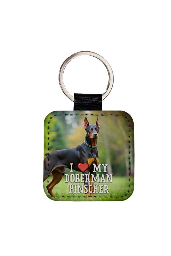 I Love My Doberman Pinscher Dog Heart Faux Leather Square Keychain