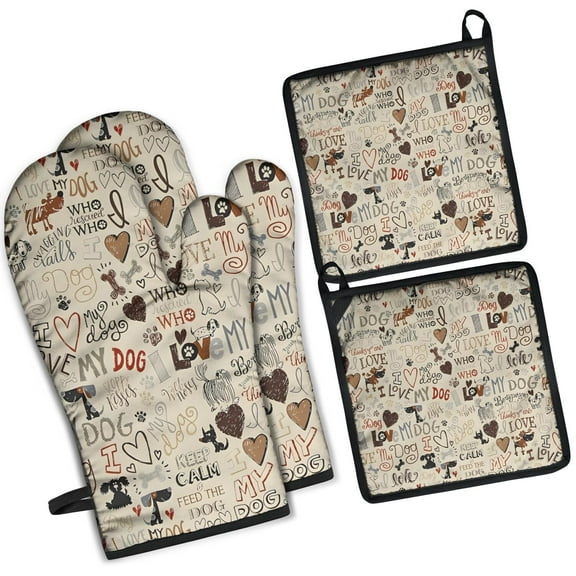 I Love My Dogs Art Kitchen Oven Mitt and Pot Holder Sets 2 Pcs for Baking, Cooking and Grilling, Heat Resistant Up To 392 °F