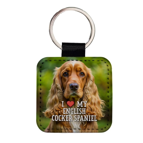 I Love My English Cocker Spaniel Dog Heart Faux Leather Square Keychain