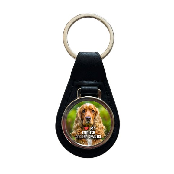 I Love My English Cocker Spaniel Dog Heart Metal Black Leather Keychain