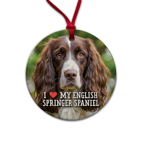 I Love My English Springer Spaniel Dog Heart Christmas Tree Holiday Round Ceramic Ornament