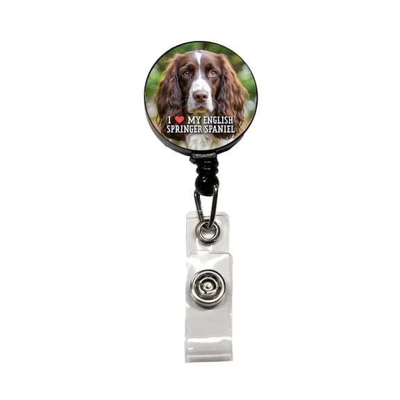I Love My English Springer Spaniel Dog Heart Retractable Reel ID Badge Key Card Name Tag Holder with Clip