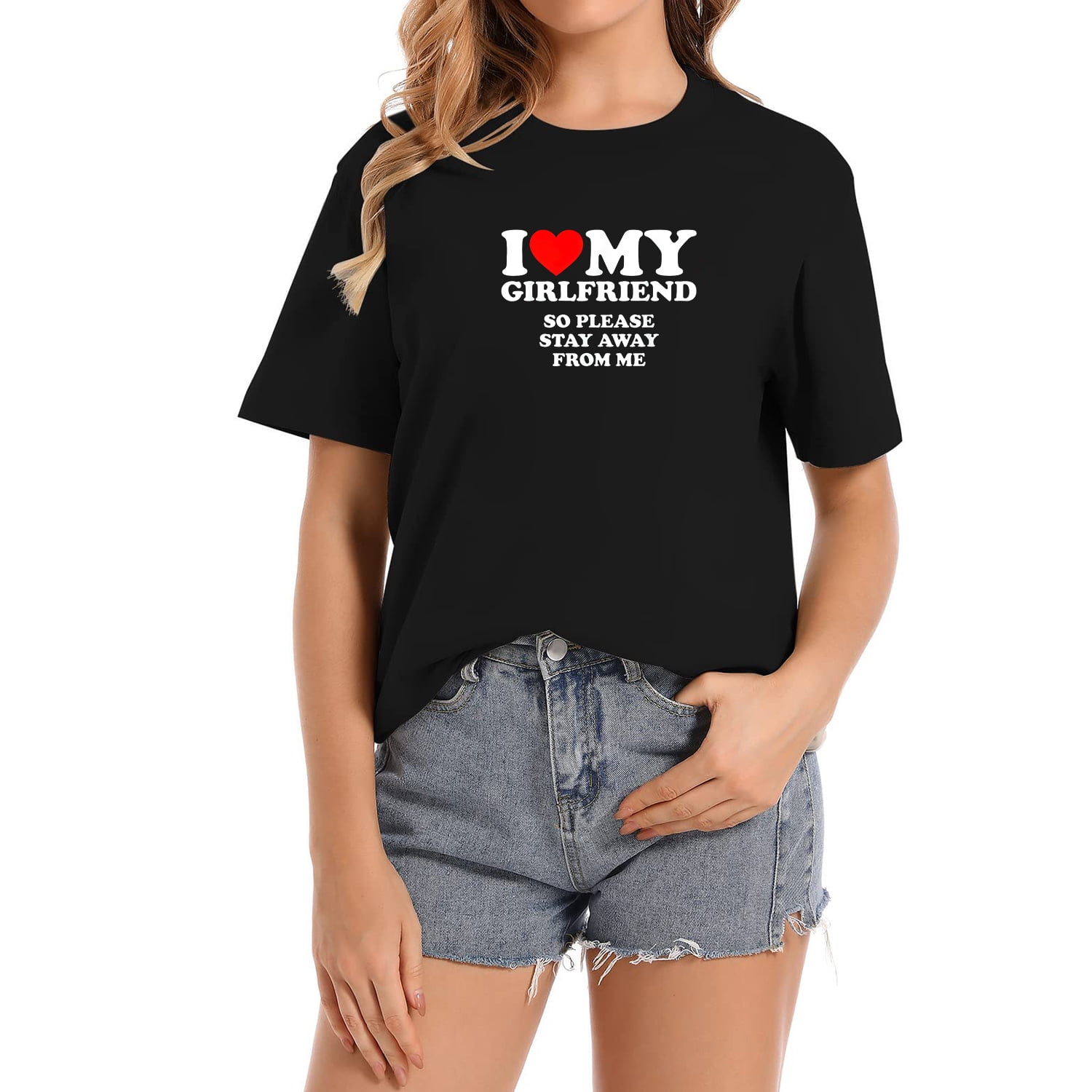 I Love My Girlfriend So Please Stay Away From Me Women's Short Sleeve  Graphic Tee - Comfortable and Stylish 