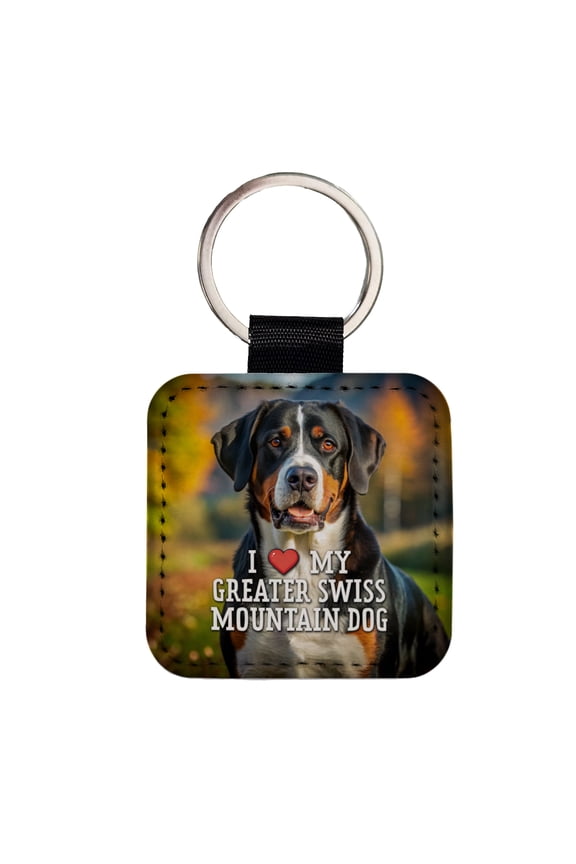 I Love My Greater Swiss Mountain Dog Heart Faux Leather Square Keychain