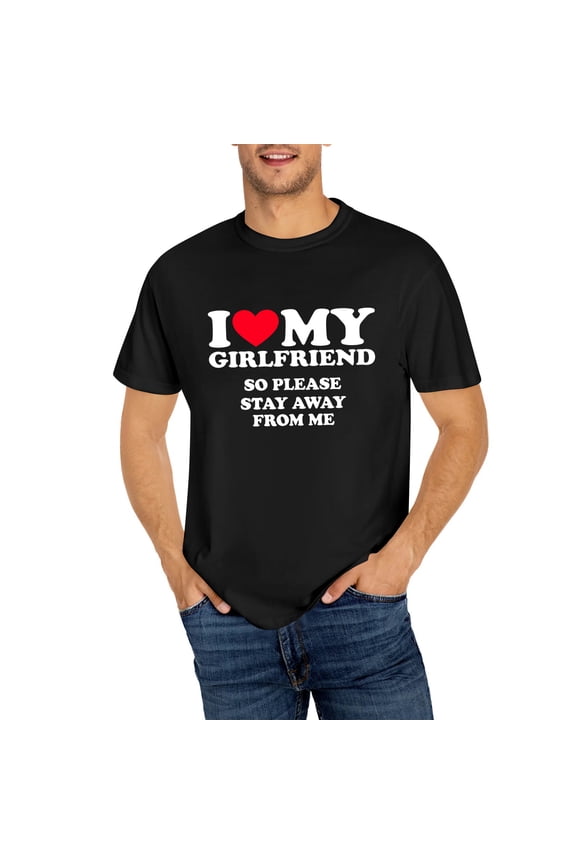 I Love My Hot Girlfriend Men's Casual Short Sleeve Crew Neck T-Shirt, OdeJous Funny T-Shirt Black, 2XL
