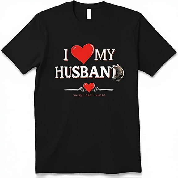 I Love My Husband Black T-Shirt with Heart Graphic Cute for Wives