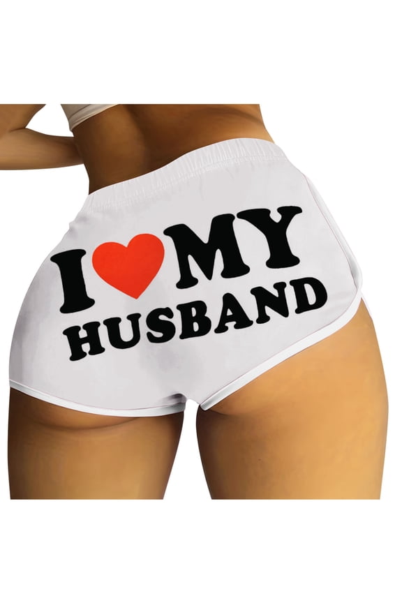 I Love My Husband Booty Shorts for Women, Sexy Naughty Letter Printed Yoga Sport Workout Hot Pants, Elastic Waist Athletic Lounge Briefs
