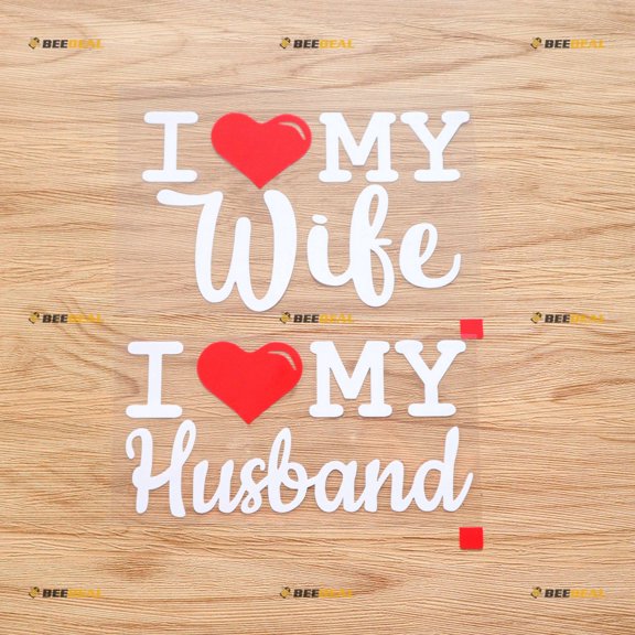 I Love My Husband I Love My Wife Heart Couple Bundle Sticker Decal Vinyl - 2 Pack White+Red, 6 Inches - No Background Die Cut for Car Boat Laptop