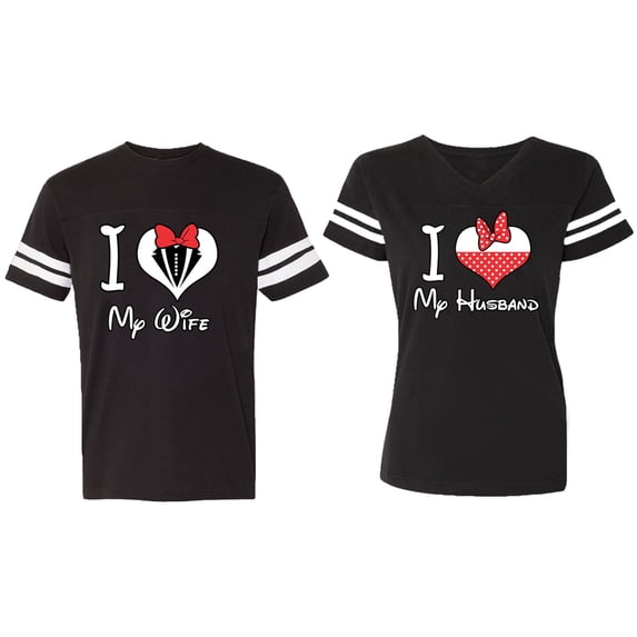 I Love My Husband Wife Matching Couple Cotton Jerseys (Men Black / Women Black) (Men M / Women L)