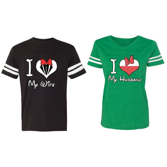 I Love My Husband Wife Matching Couple Cotton Jerseys (Men Black / Women Green) (Men XL / Women S)