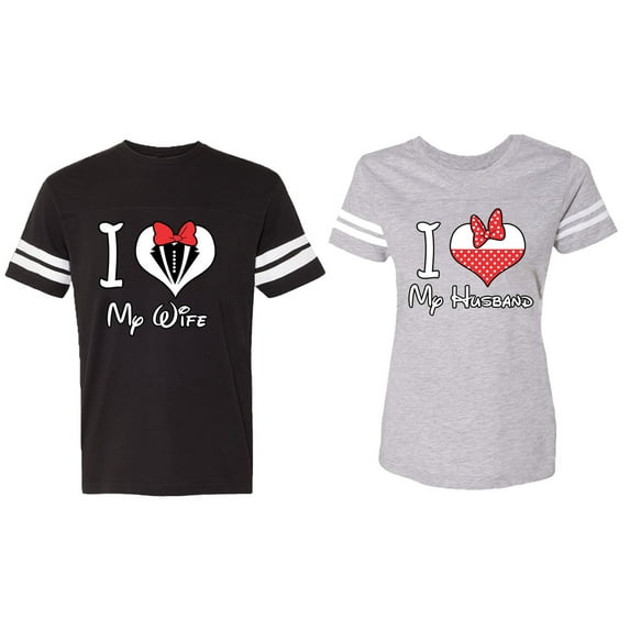 I Love My Husband Wife Matching Couple Cotton Jerseys (Men Black / Women Heather) (Men S / Women M)