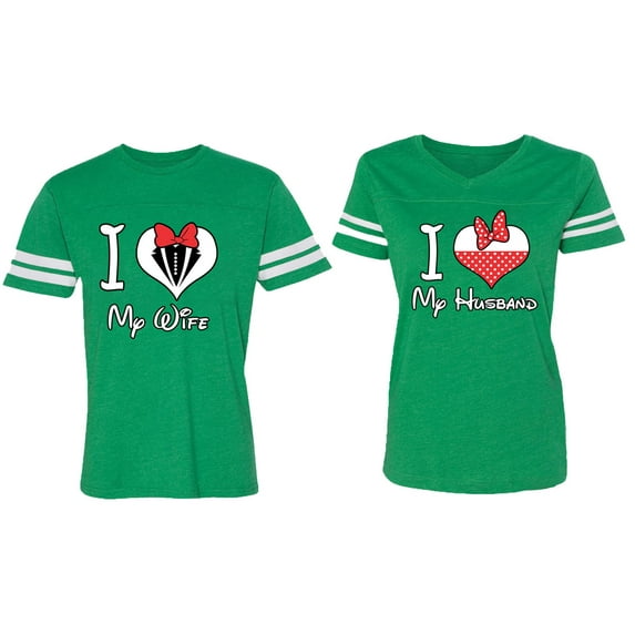 I Love My Husband Wife Matching Couple Cotton Jerseys (Men Green / Women Green) (Men M / Women XL)