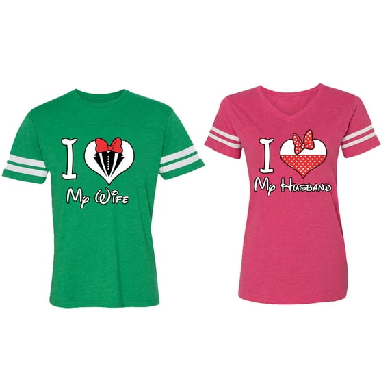 I Love My Husband Wife Matching Couple Cotton Jerseys (Men Green / Women Pink) (Men S / Women M)